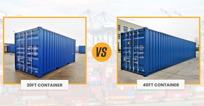 Comparaison côte à côte d'un conteneur standard de 20 pieds et d'un conteneur de 40 pieds dans un terminal portuaire