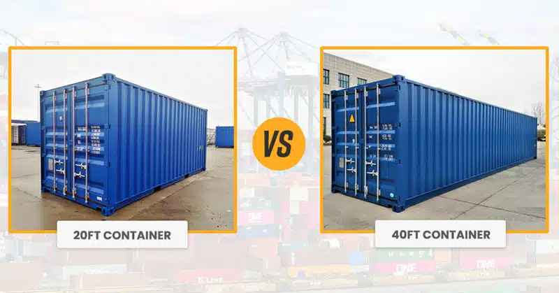Side-by-side comparison of a standard 20-foot container and a 40-foot container at a port terminal