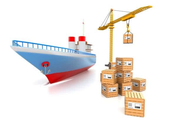 3D image of crane transferring wooden boxes onto a ship, depicting heavy freight loading
