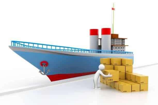3D figure loading heavy packages onto a ship, symbolizing low-cost bulk shipping