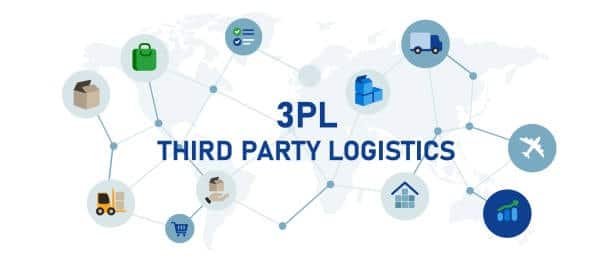Global logistics icons representing third-party logistics across a connected world map