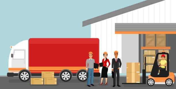 Warehouse staff and logistics truck in front of loading dock