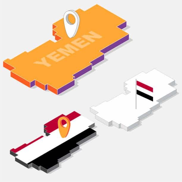 Three-dimensional Yemen map in flag colors with location markers and logistics icons