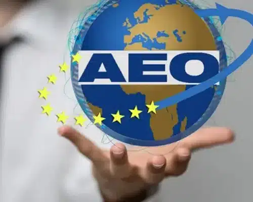 A stylized globe with the acronym ‘AEO’ across it and EU stars encircling, symbolizing Authorized Economic Operator status