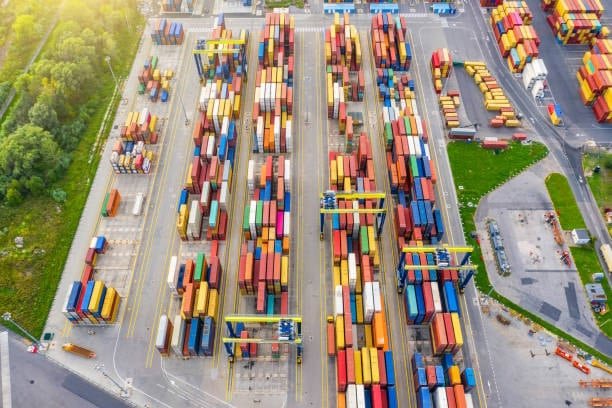Aerial view of a large logistics container yard in Germany used for USA-bound exports