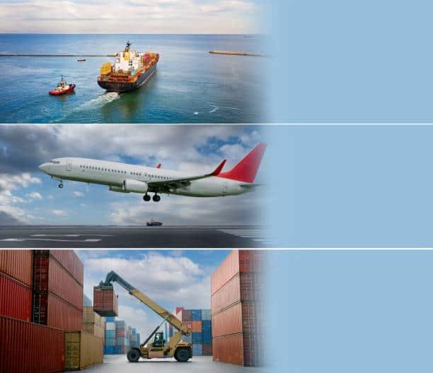 A shipping hub featuring a cargo ship, plane, train, and multiple trucks with containers, set against a sunset sky, illustrating multi-mode shipping from China to Ghana.