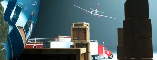 Logistics network showing air freight, container truck, and shipping crates