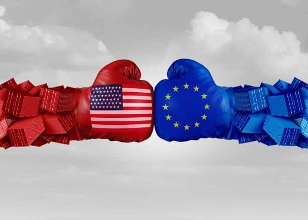 Germany–USA trade relations symbolized by boxing gloves with national and EU flags and cargo containers