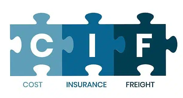 CIF concept shown as interlocking puzzle pieces labeled with cost, insurance, and freight