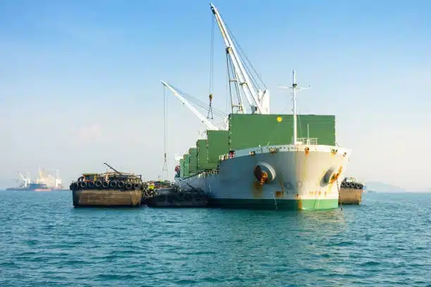 Large cargo ship transferring heavy goods to support barges in open sea