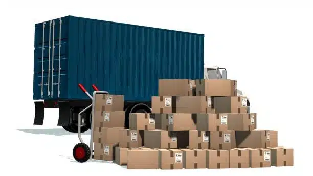 Blue shipping truck and cardboard boxes representing freight out operations