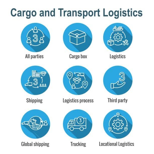 Set of icons showing logistics, cargo box, shipping, trucking, and third-party services