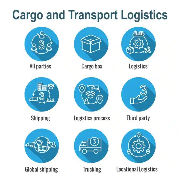 Set of icons showing logistics, cargo box, shipping, trucking, and third-party services