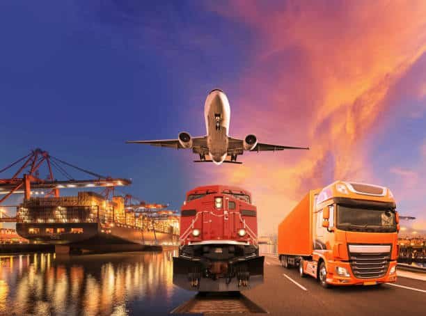 International logistics with cargo ship, train, airplane, and truck for shipping from China to Cameroon