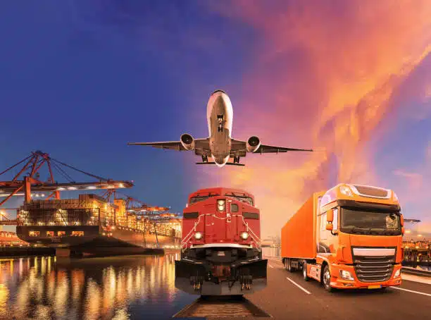 International logistics with cargo ship, train, airplane, and truck for shipping from China to Cameroon