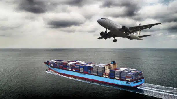 A city background with trucks, a train, a ship, and a plane, illustrating an urban logistics network for Côte d'Ivoire.