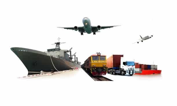 An illustration featuring a cargo ship, train, truck, and two airplanes, representing multi-mode shipping options from China to Ghana.