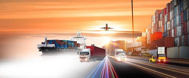 Logistics route showing planes, trucks, and sea freight shipping goods from China to Greece