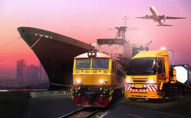 Freight train, cargo ship, truck, and airplane representing cross-border shipping from China to UK
