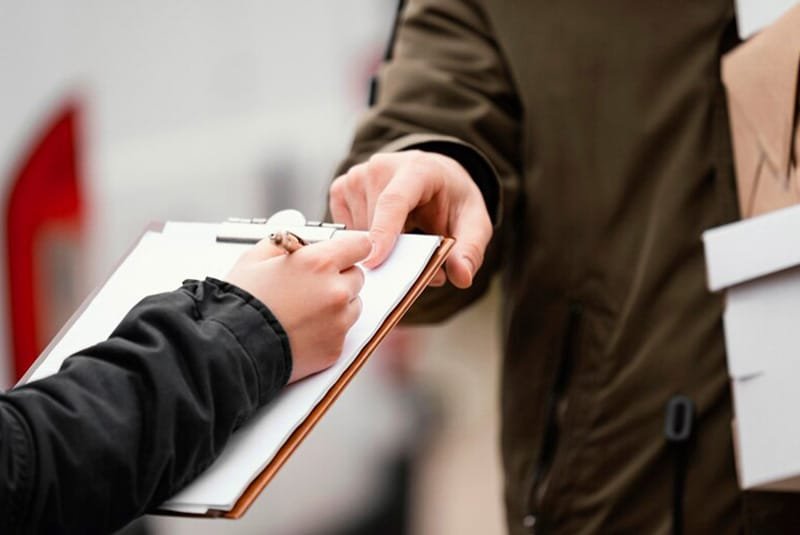 Customer signing a delivery receipt on a clipboard as a courier hands over packages for DDP door-to-door service