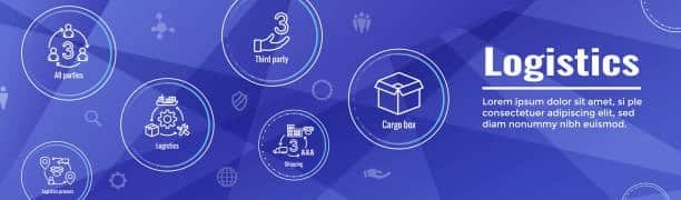 Blue abstract background with floating icons for third-party logistics, shipping, and cargo boxes
