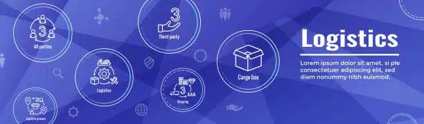 Blue abstract background with floating icons for third-party logistics, shipping, and cargo boxes
