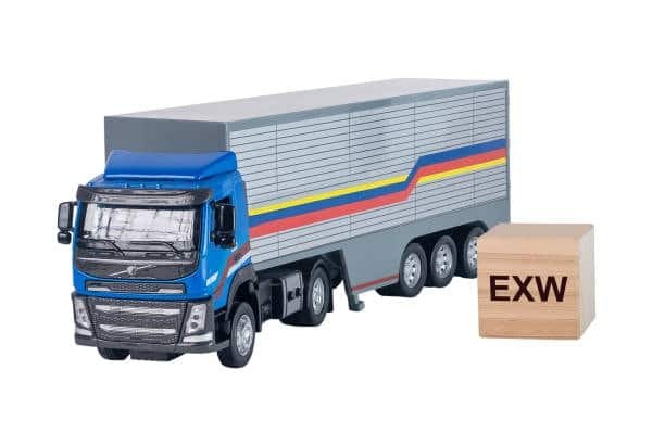 freight truck with EXW wooden cube symbolizing buyer responsibility from origin