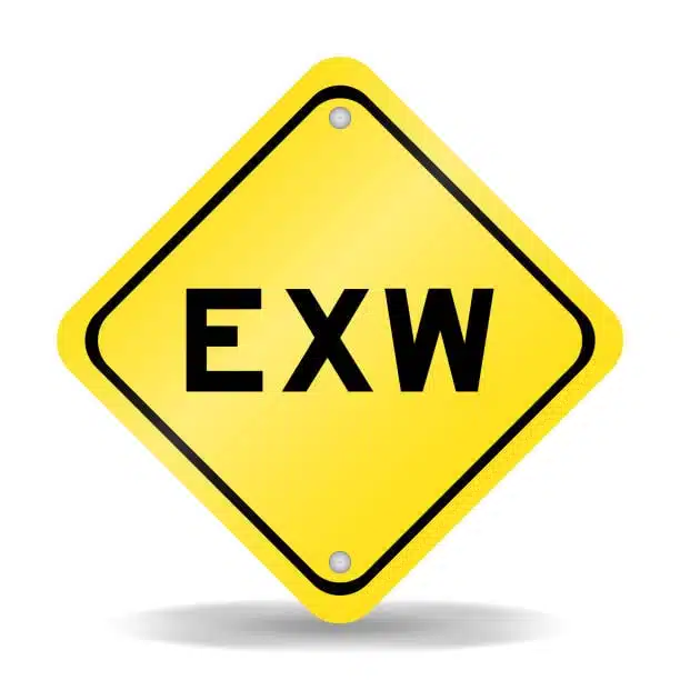 Yellow traffic-style sign displaying EXW term representing Ex Works shipping