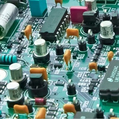 Close-up view of an electronic circuit board populated with capacitors, resistors, and integrated chips
