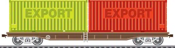 Flatbed railcar with containers labeled export for outbound delivery