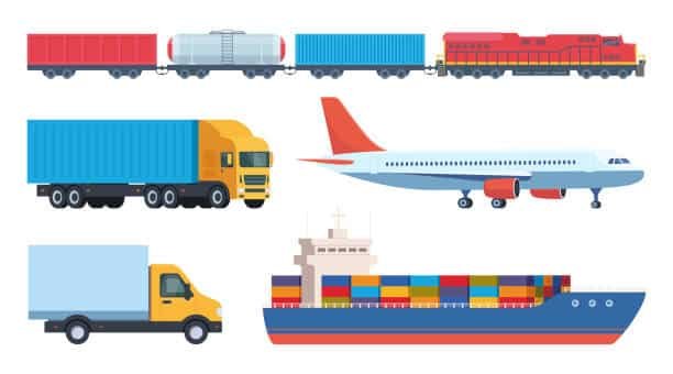 A city background with trucks, a train, a ship, and a plane, illustrating an urban logistics network for Côte d'Ivoire.