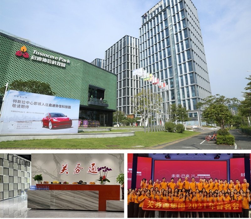 Exterior view of the GWT office complex and technology park, the modern reception area with the GWT logo, and a large group of GWT employees holding a 2021 annual meeting banner