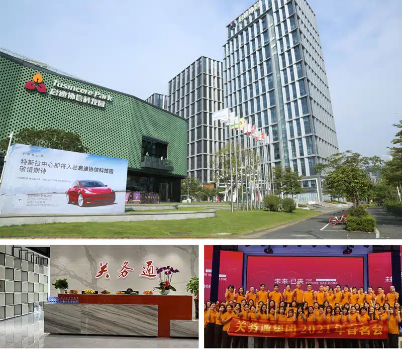Exterior view of the GWT office complex and technology park, the modern reception area with the GWT logo, and a large group of GWT employees holding a 2021 annual meeting banner