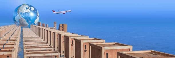 Export boxes lined up with airplane and globe for global shipping logistics