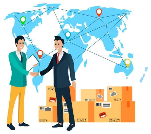 Two business professionals shaking hands over international shipping logistics background