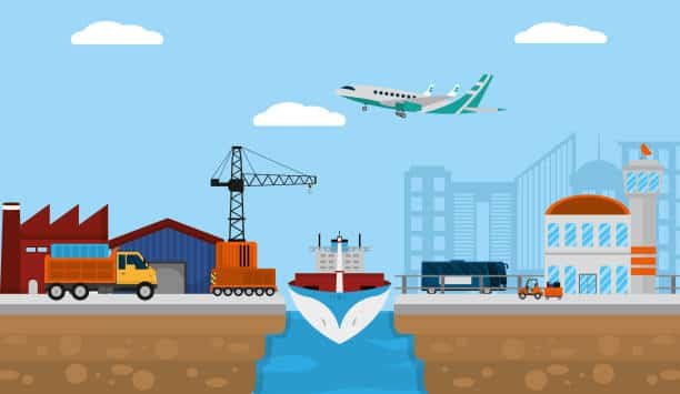 A set of icons depicting a delivery truck, cargo plane, container ship, and train, symbolizing multi-mode transport to Côte d'Ivoire.