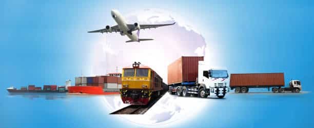 A globe with a cargo plane, train, truck, and ship, symbolizing a global shipping network including Côte d'Ivoire.