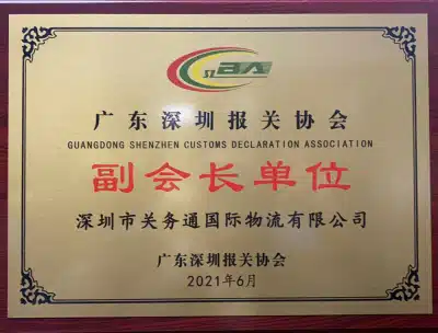 Plaque from the Guangdong Shenzhen Customs Declaration Association naming GWT as a Vice Chairman unit