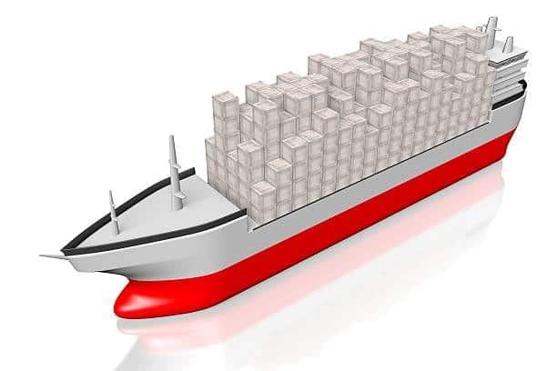A stylized ship loaded with cartons representing large-scale shipping for heavy cargo