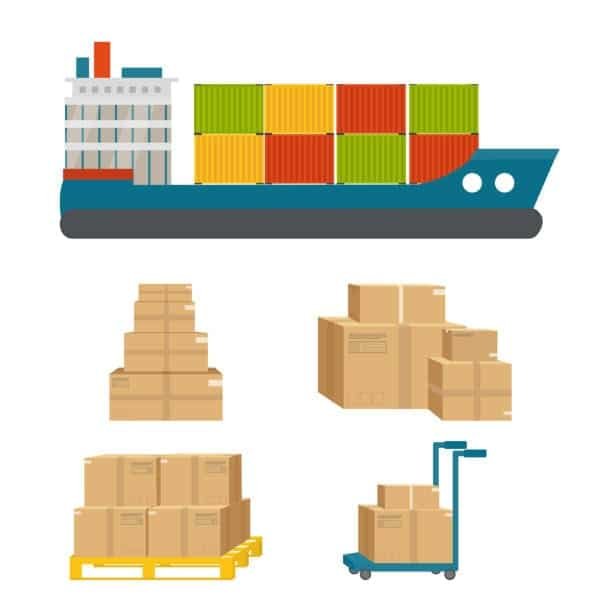 Flat design of cargo ship and stacked cartons symbolizing logistics of heavy shipments
