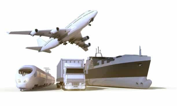 A side-by-side illustration of a high-speed train, truck, and cargo ship, representing integrated transport modes for shipping from China to Ghana.