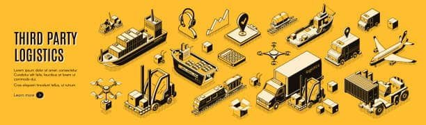 Yellow isometric illustration of third-party logistics systems including trucks, ships, drones, and planes