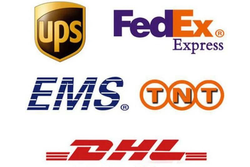 Logos of leading express carriers: UPS, FedEx Express, EMS, TNT, and DHL