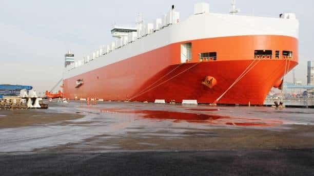 Roll-on/roll-off freight ship used for transporting oversized or heavy machinery