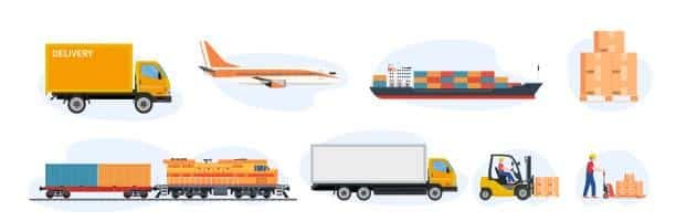 An illustration showing a train, truck, ship, and plane, representing diverse freight transport options from China to Côte d'Ivoire.