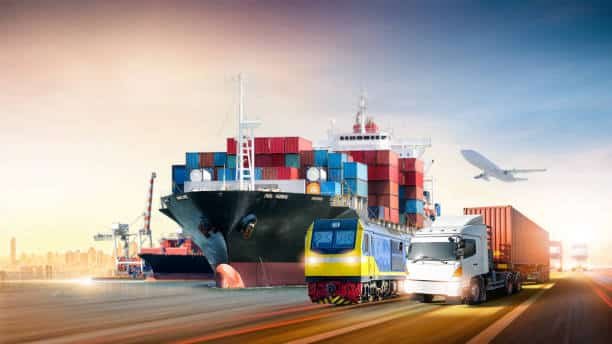 A port at sunset featuring a cargo ship, train, truck, and plane, illustrating logistics for Côte d'Ivoire.