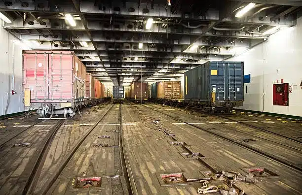 Interior of vessel carrying rail freight containers for outbound shipment