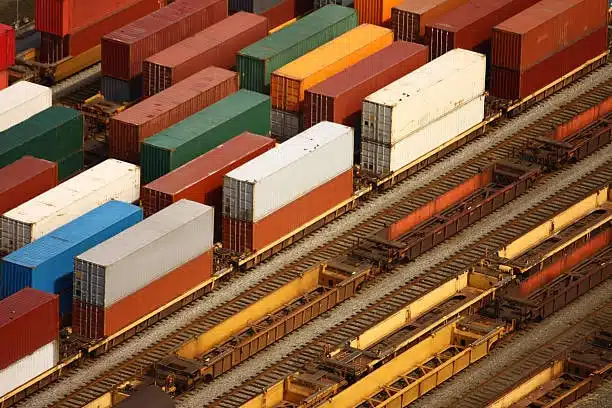 Aerial view of rail containers organized for outbound shipping operations