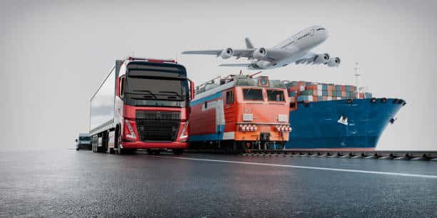 An image showing a red truck, orange train, blue ship, and white plane, representing integrated freight modes to Côte d'Ivoire.