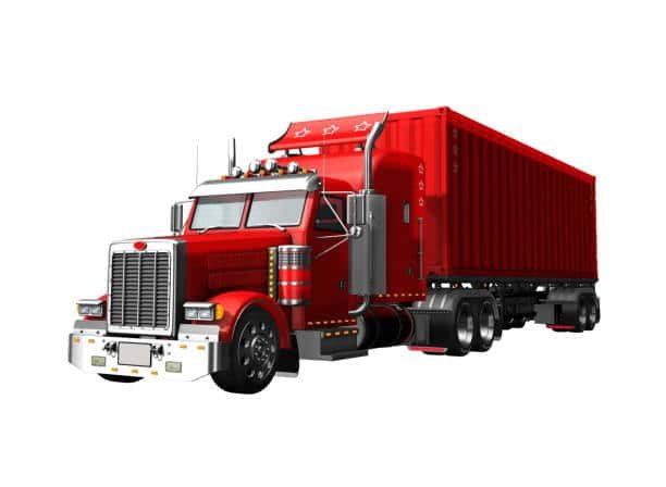 A red and green semi-truck transporting a shipping container for international delivery